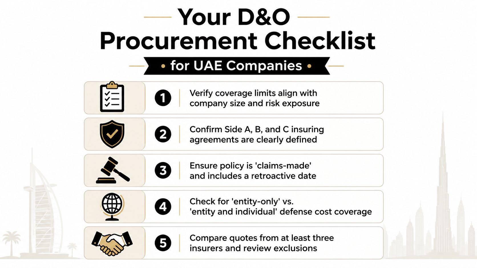 A checklist for UAE companies to follow when procuring directors and officers insurance policies.