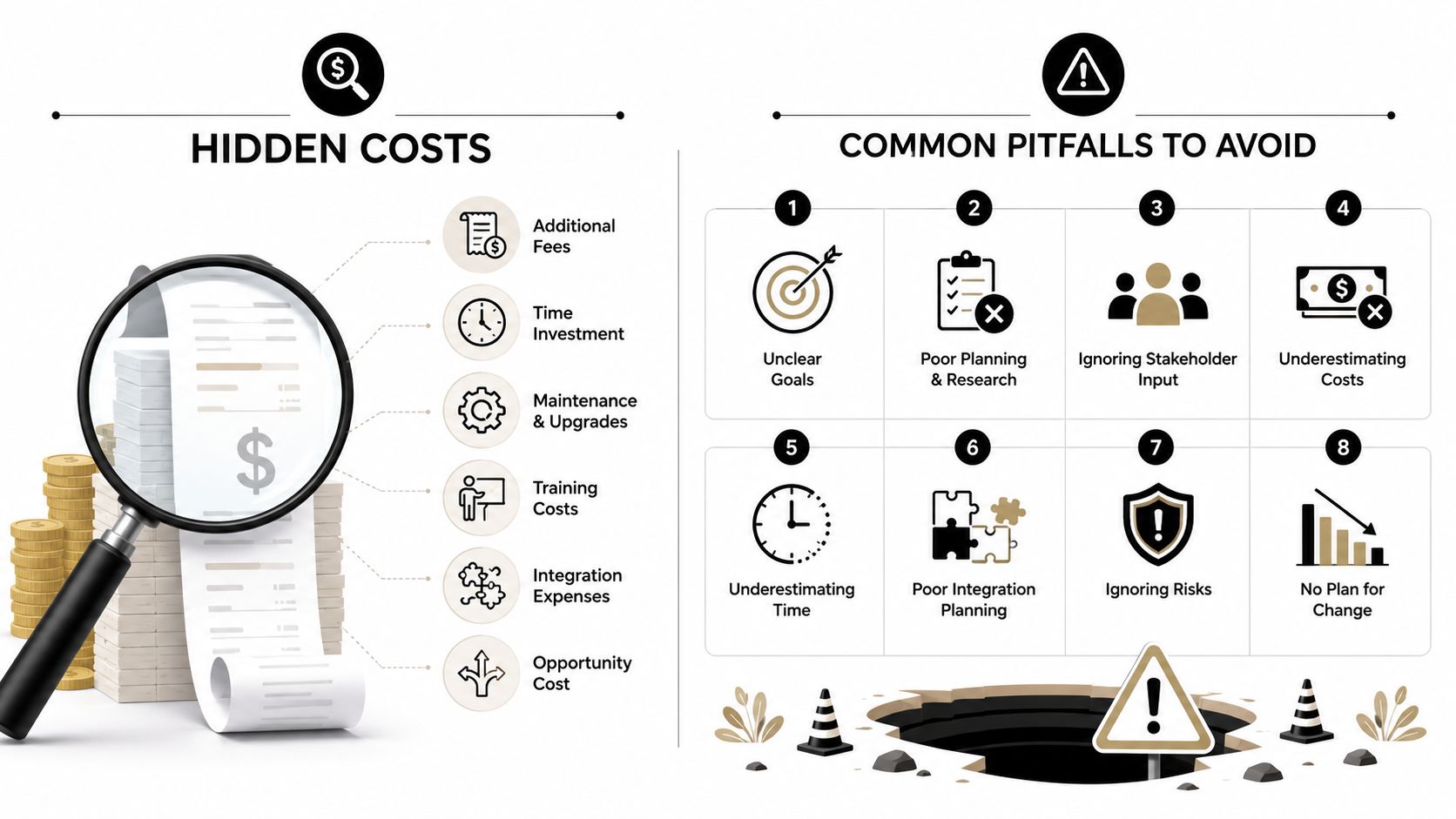 An infographic illustrating various hidden business costs and common project management pitfalls to avoid for success.