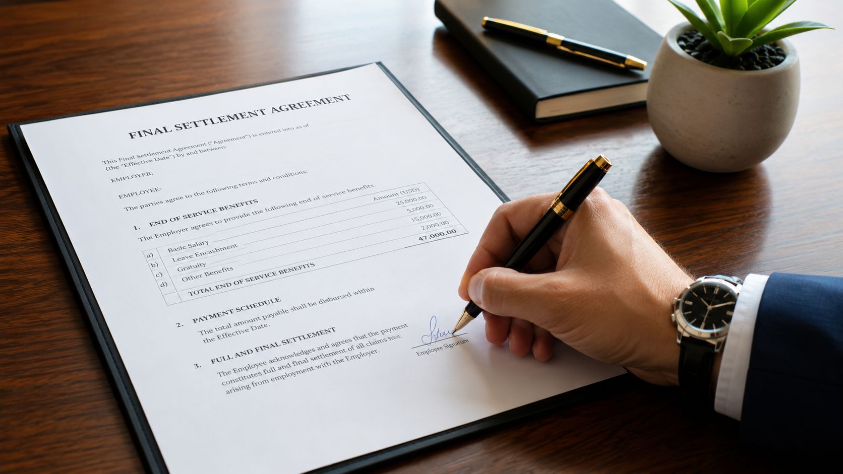 A professional signing a formal final settlement agreement document with a luxury pen on a wooden desk.
