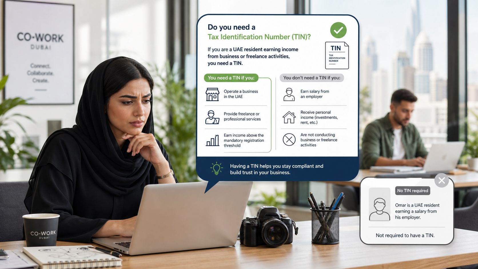 A woman in a workspace viewing an infographic explaining who needs a Tax Identification Number in the UAE.