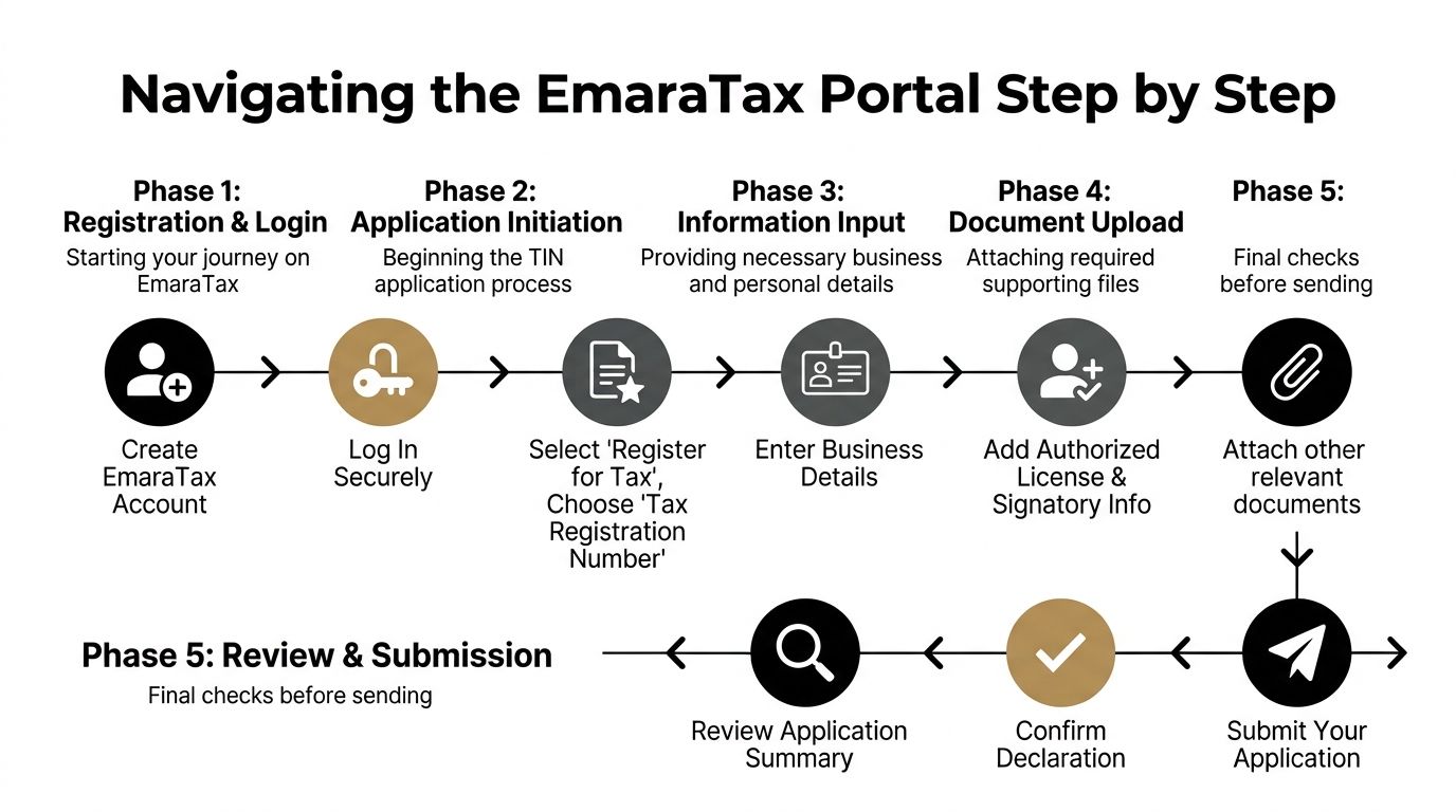 A step-by-step infographic showing the process for navigating the EmaraTax portal to register for tax.