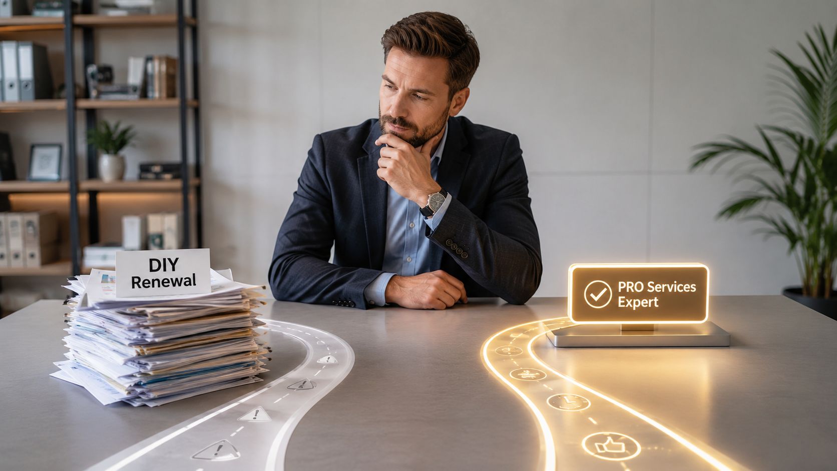 A businessman contemplating a difficult pile of DIY renewal paperwork versus a smooth PRO services expert path.