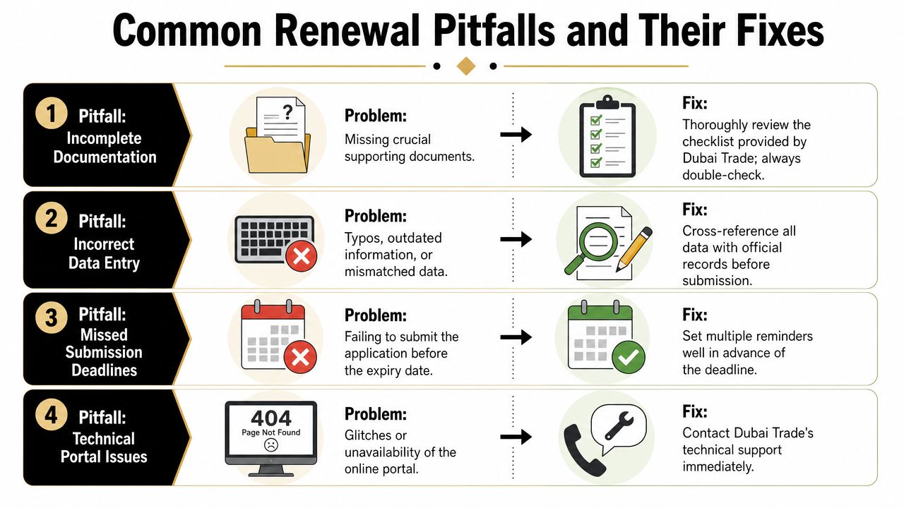 An infographic detailing four common renewal pitfalls for Dubai Trade and their corresponding practical solutions for users.