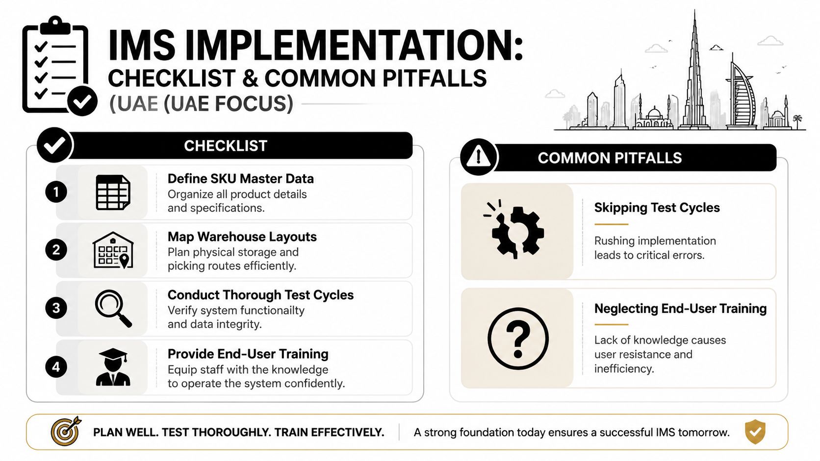 An infographic outlining key steps and common pitfalls for implementing inventory management systems in the UAE.