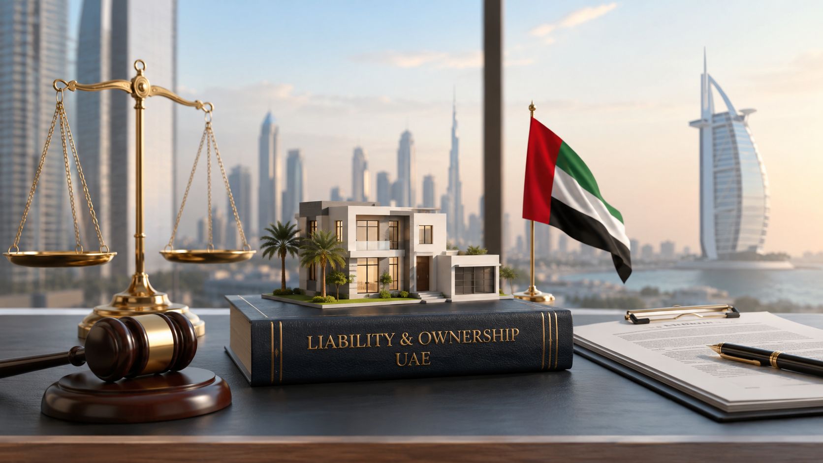 A miniature modern house model on a legal book about UAE property liability with a gavel and flag.