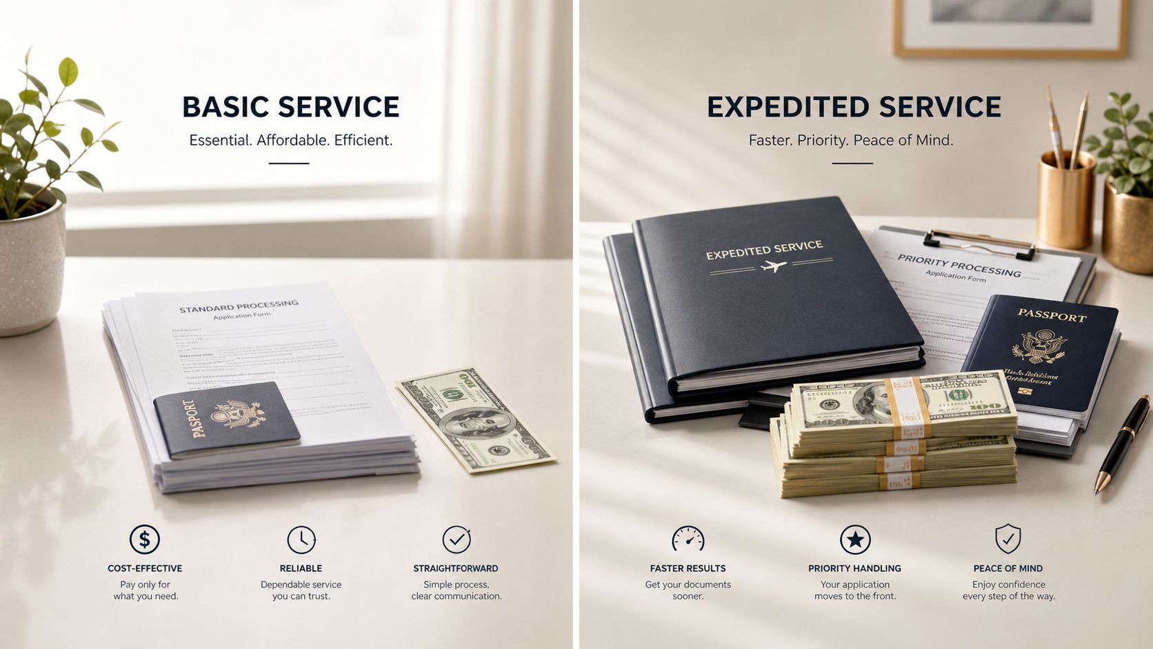 A comparison showing basic and expedited passport application services with forms, passports, and varying amounts of money.