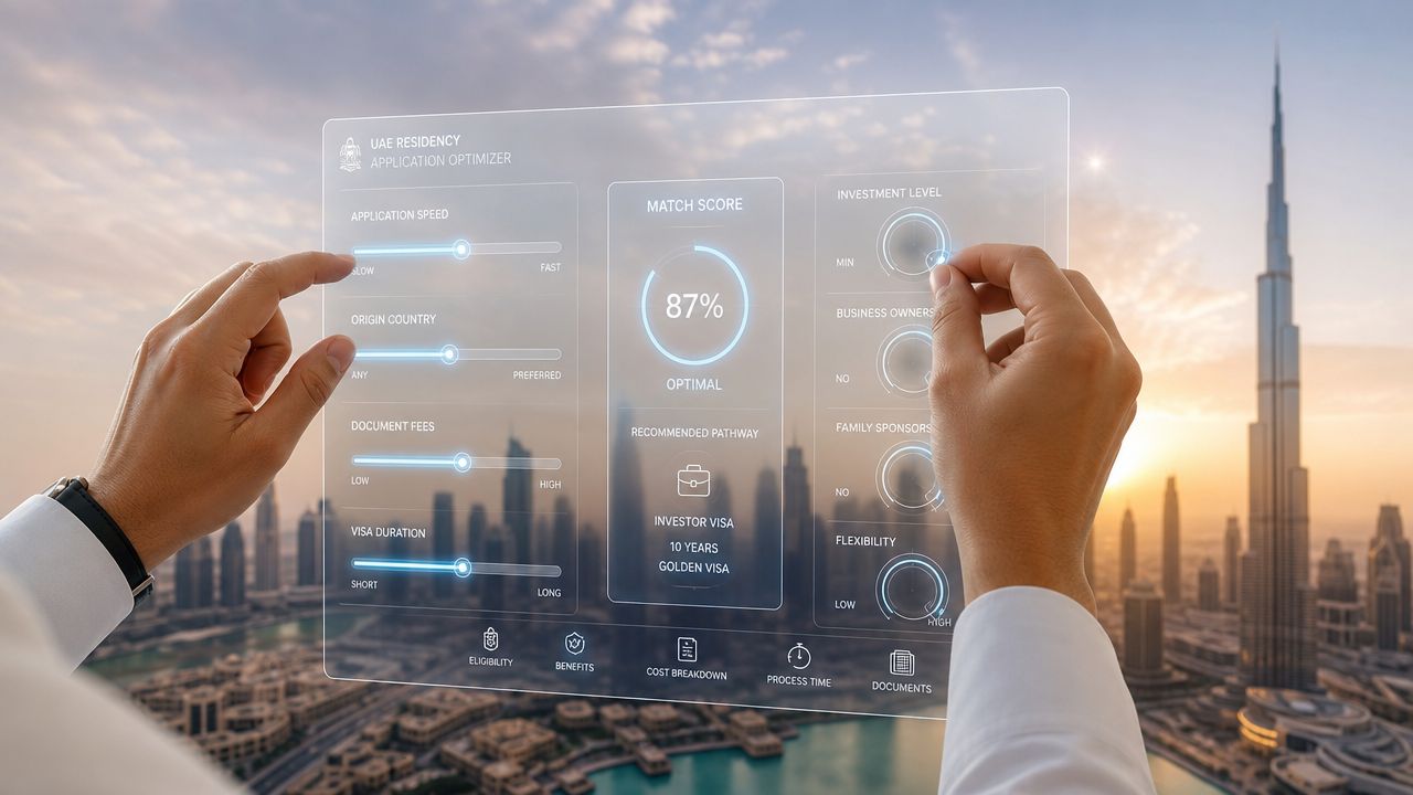 A professional using an interactive holographic interface to optimize and view UAE residency visa application options.