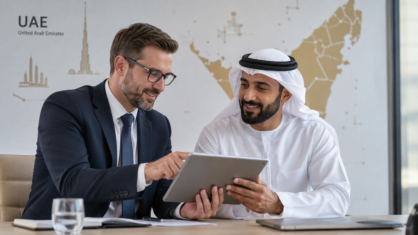 A professional man and a local Emirati businessman reviewing data on a tablet in an office.