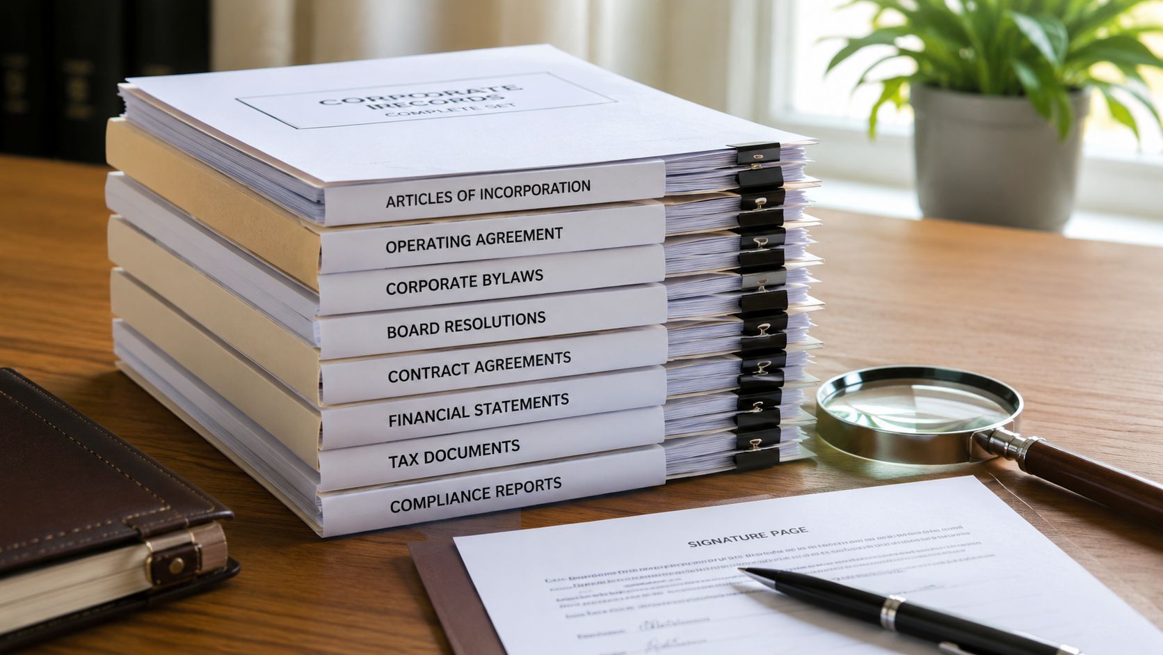 A stack of organized business document folders labeled with corporate records placed on a wooden desk.
