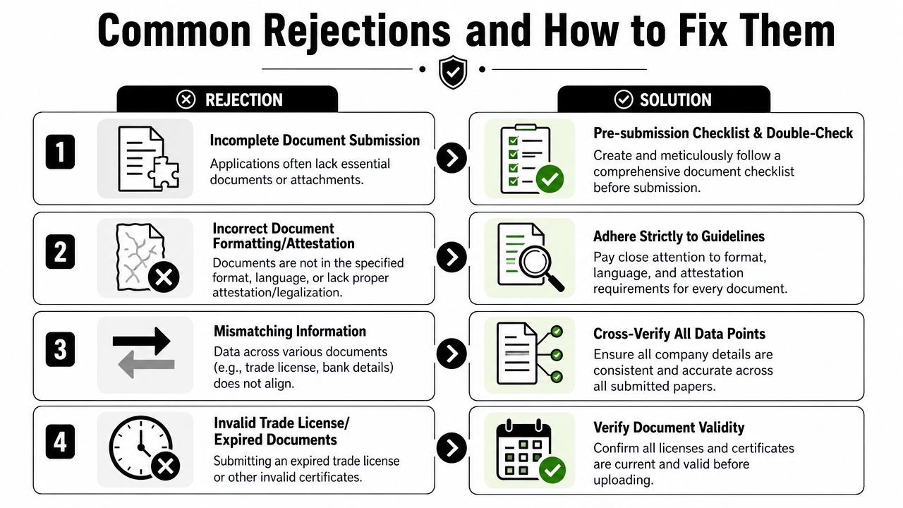An infographic titled Common Rejections and How to Fix Them showing four common document submission errors and solutions.