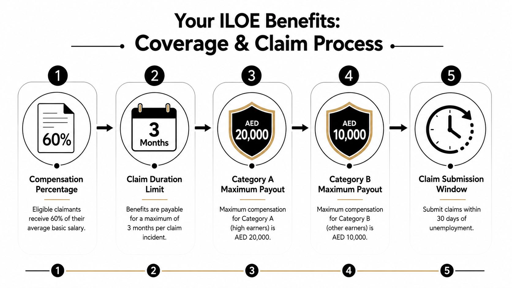 An infographic showing the five key components of the ILOE insurance benefits and claim submission process.