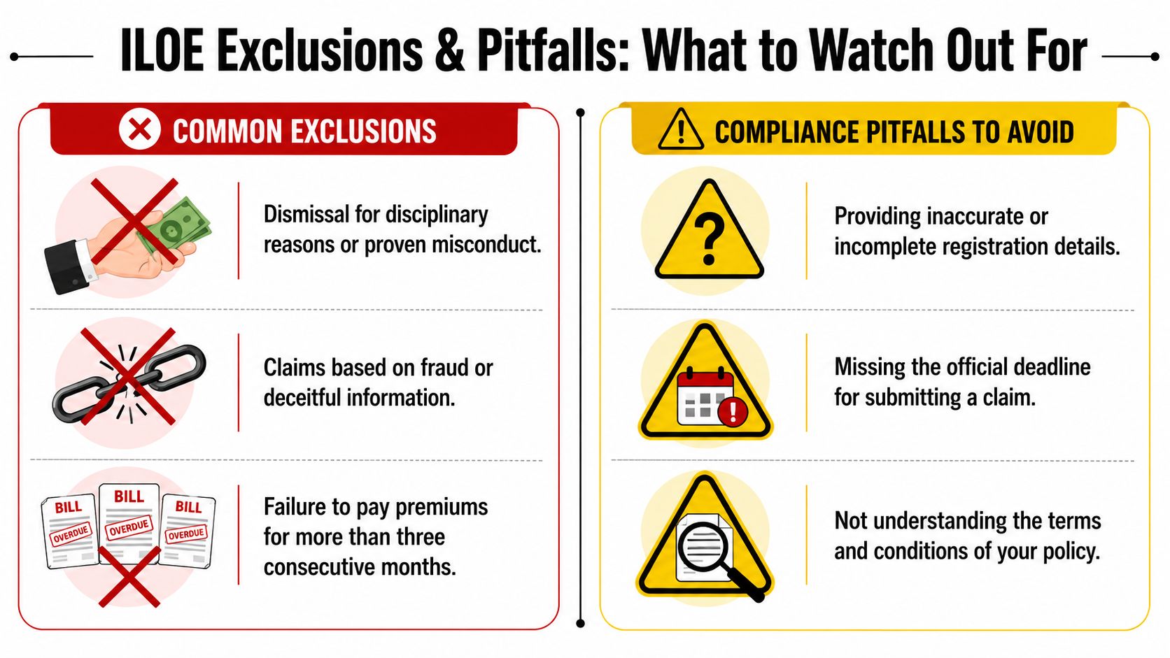 An infographic detailing common exclusions and compliance pitfalls to avoid regarding ILOE insurance policy claims.