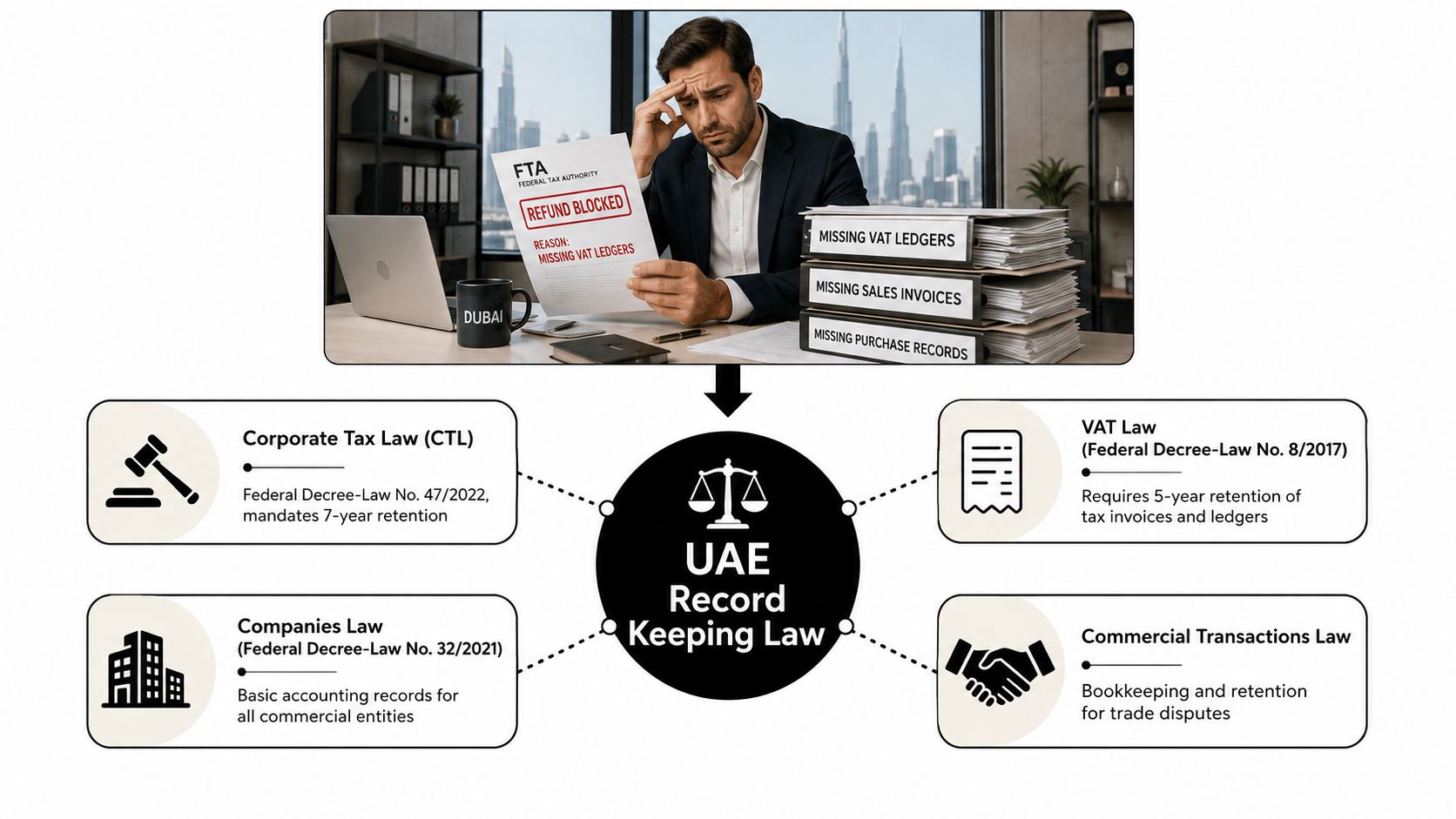 A distressed businessman with missing records documents representing UAE business accounting record keeping compliance requirements.