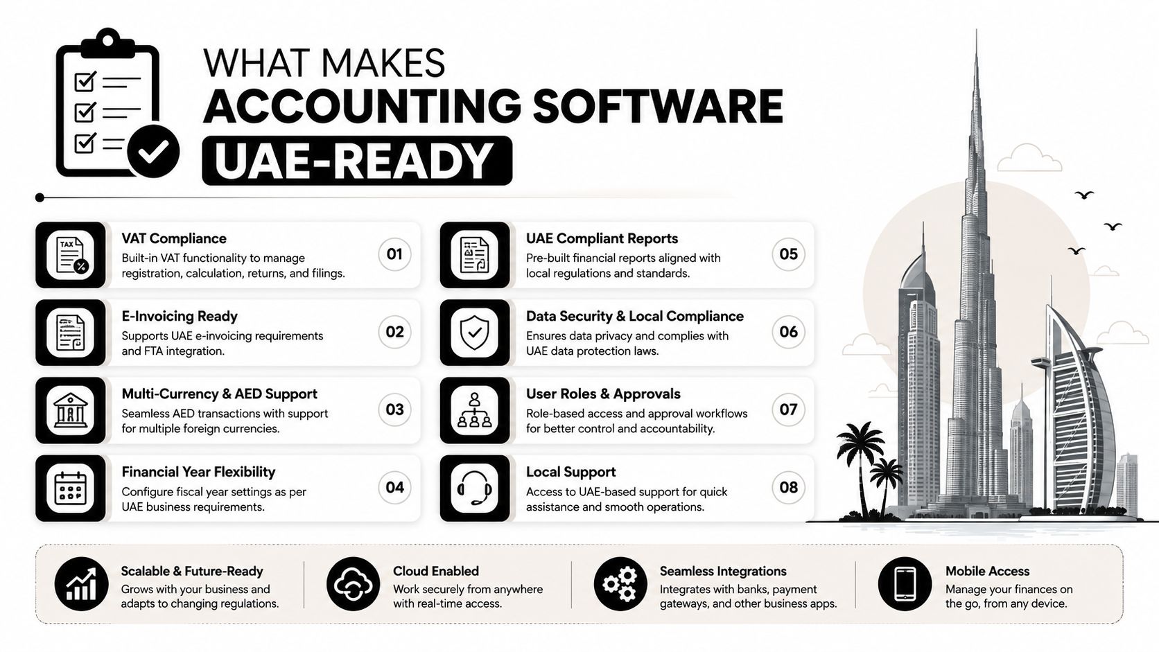 An infographic detailing eight key features that make accounting software ready for businesses operating in the UAE.