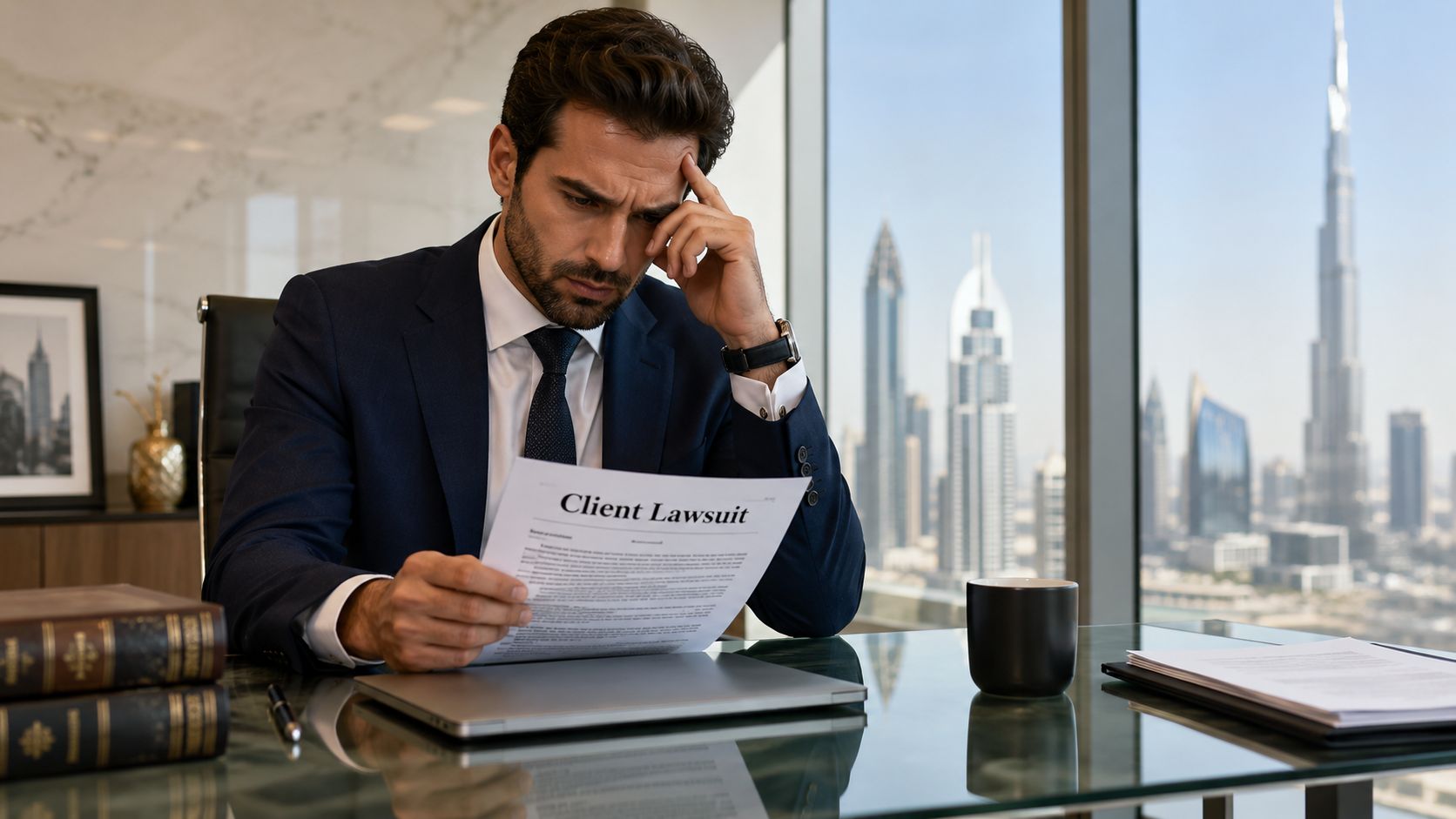 A concerned professional in a suit reviews a client lawsuit document in his high-rise office overlooking Dubai.