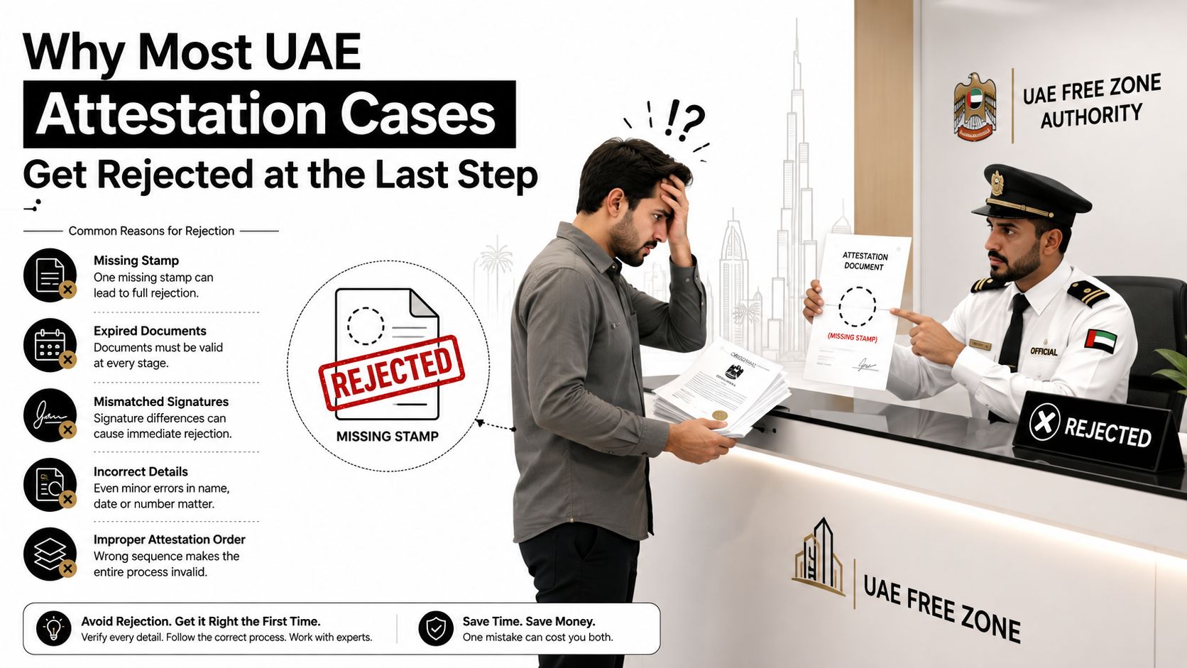 A man looking frustrated at an official who is rejecting his document due to a missing stamp.