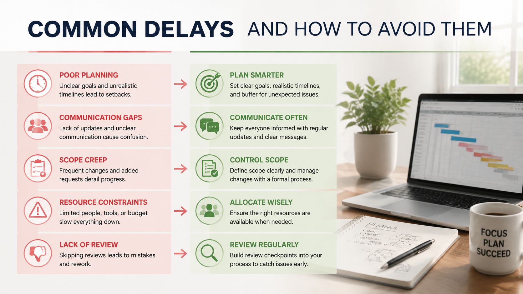 A professional infographic outlining common project delays and corresponding management strategies to avoid them effectively.