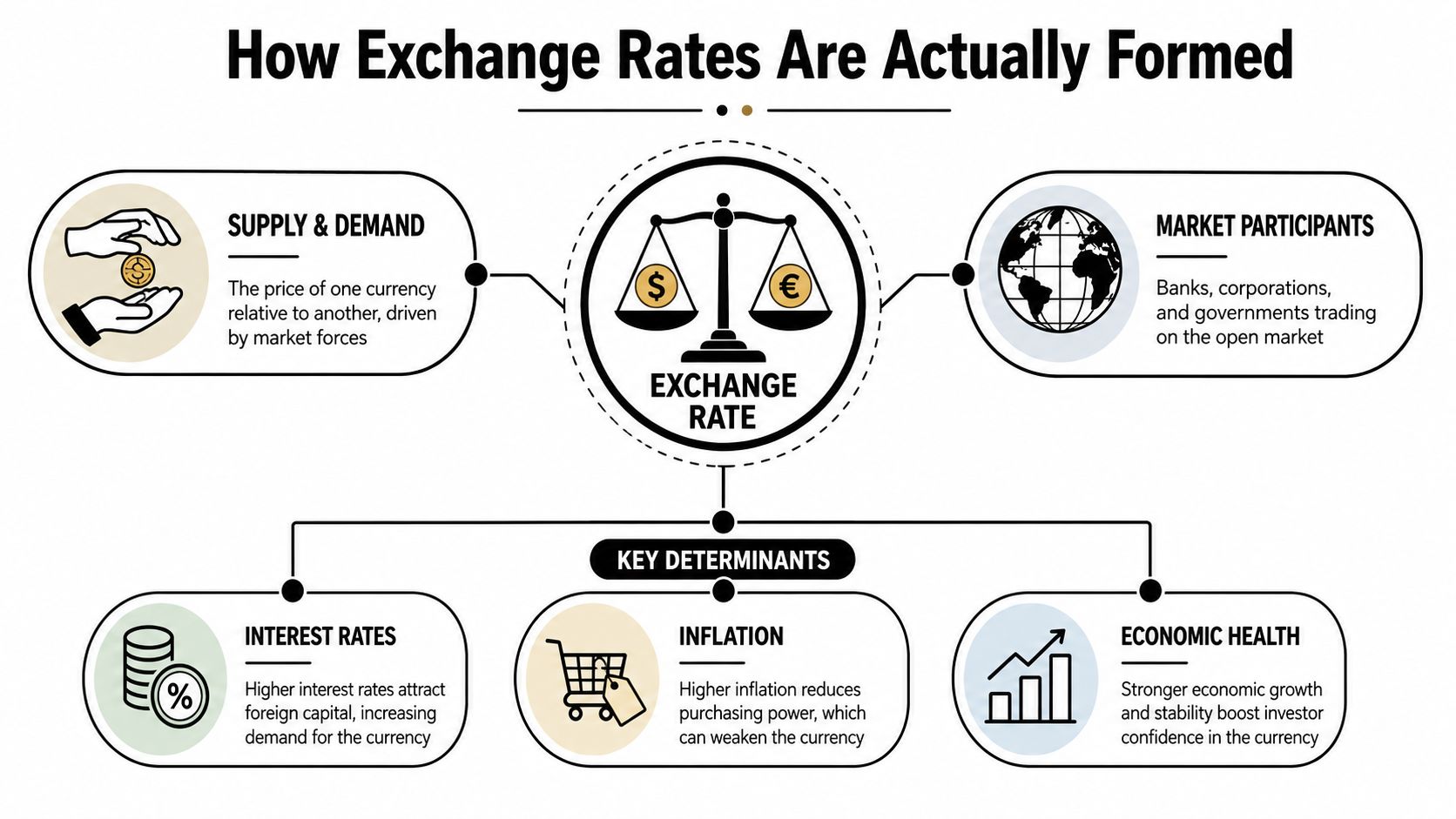 An infographic showing the core factors like supply, demand, and economic indicators that form foreign exchange rates.