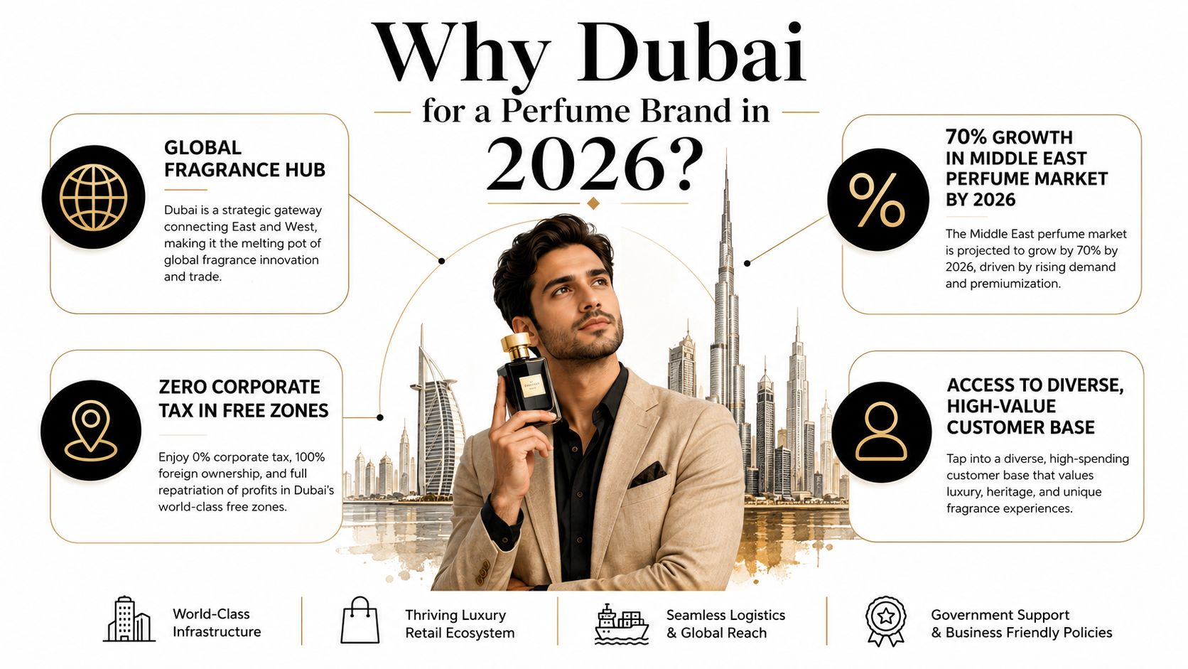An infographic highlighting the strategic business advantages of establishing a perfume brand in Dubai by 2026.