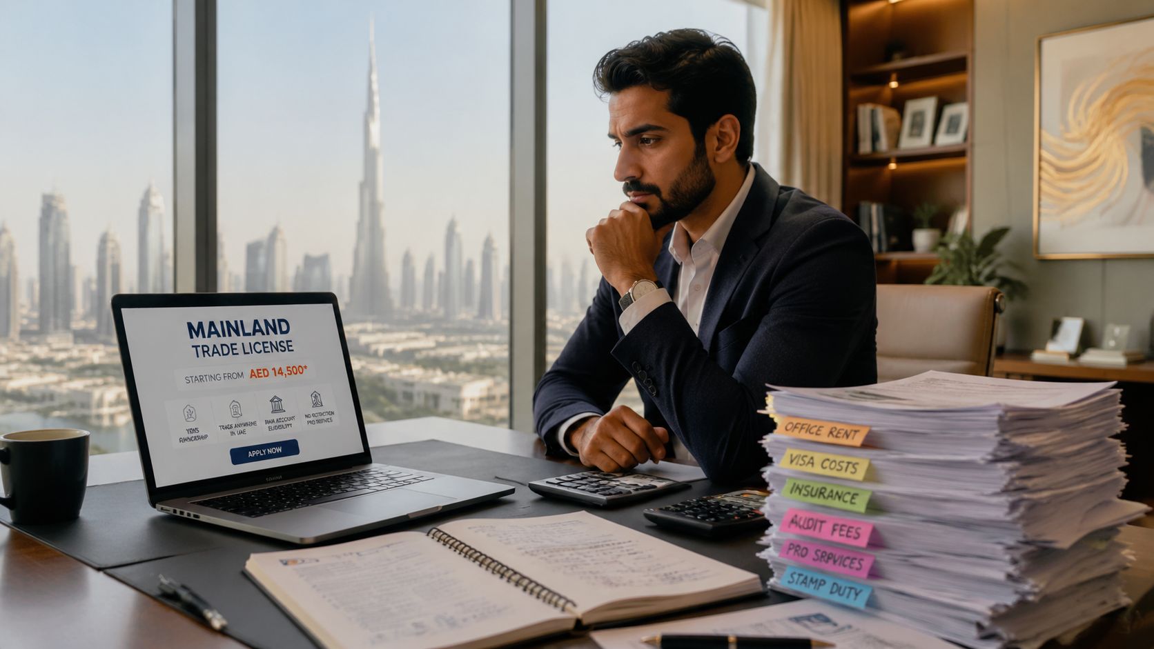 A professional man reviewing mainland trade license costs in a modern office overlooking the Dubai skyline.