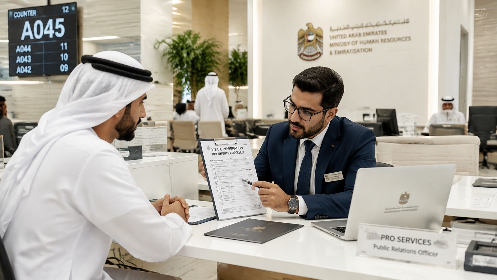 A professional public relations officer discusses visa documents with a client in a UAE government office.