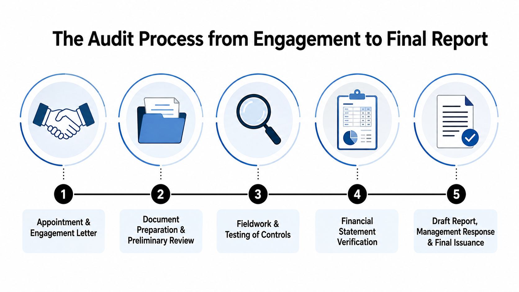 An infographic showing the five-step professional audit process from initial appointment to final report issuance.