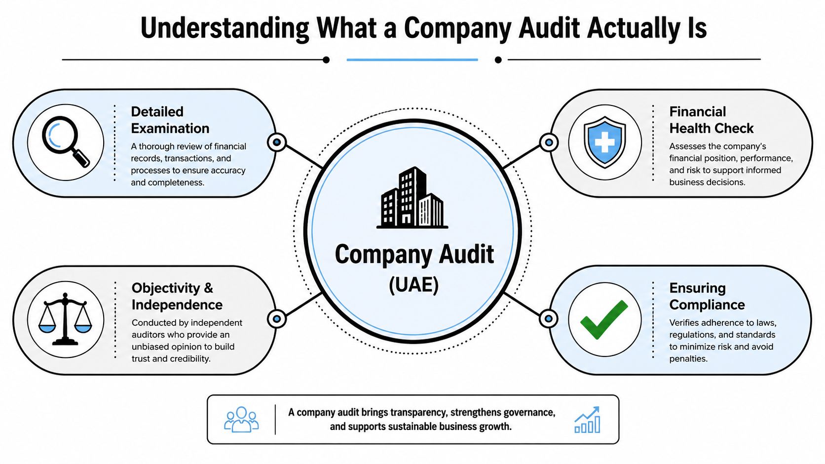 An infographic titled Understanding What a Company Audit Actually Is, highlighting key components like financial health and compliance.