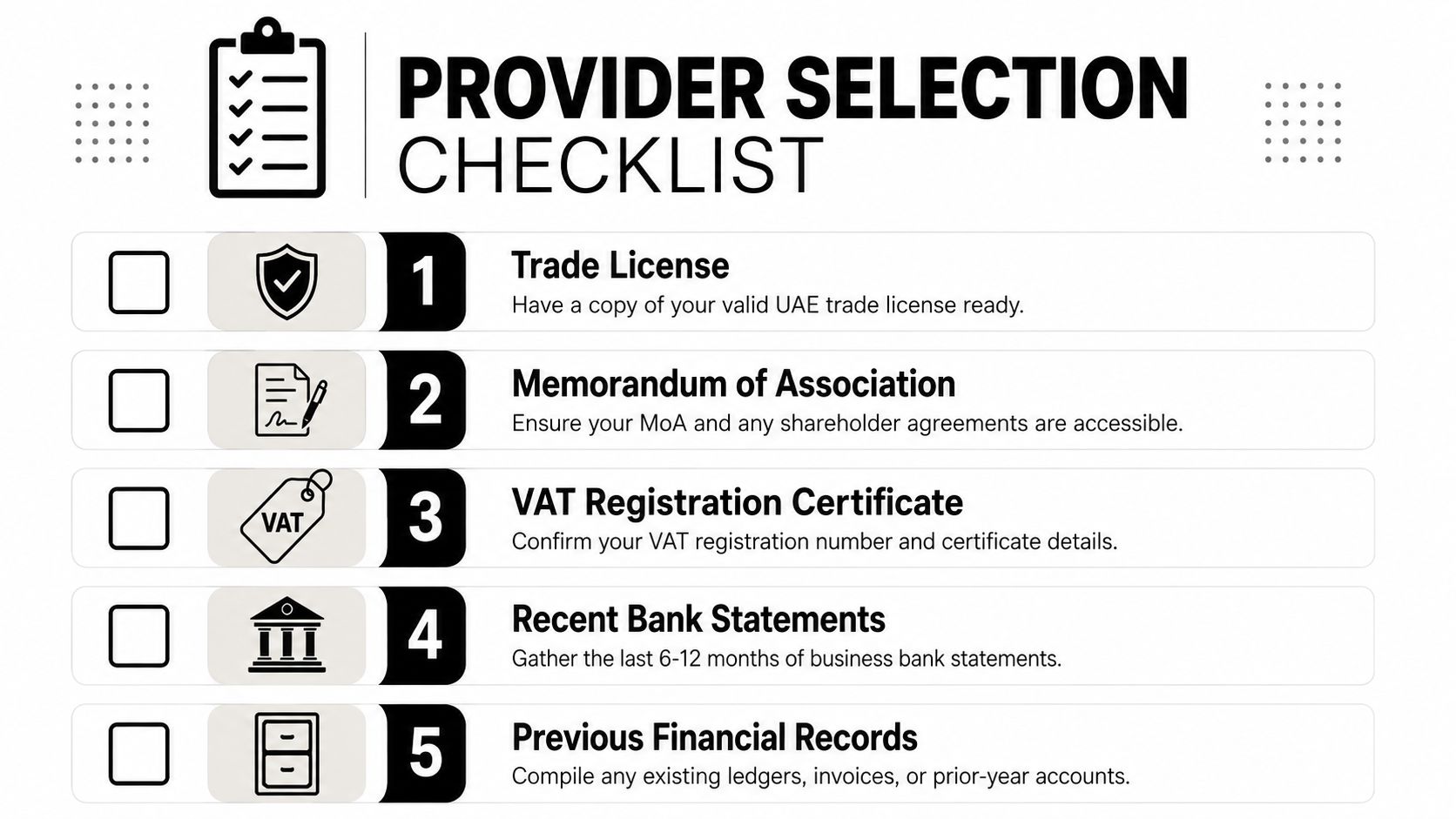 A provider selection checklist for businesses in Dubai listing five essential document requirements for financial services.