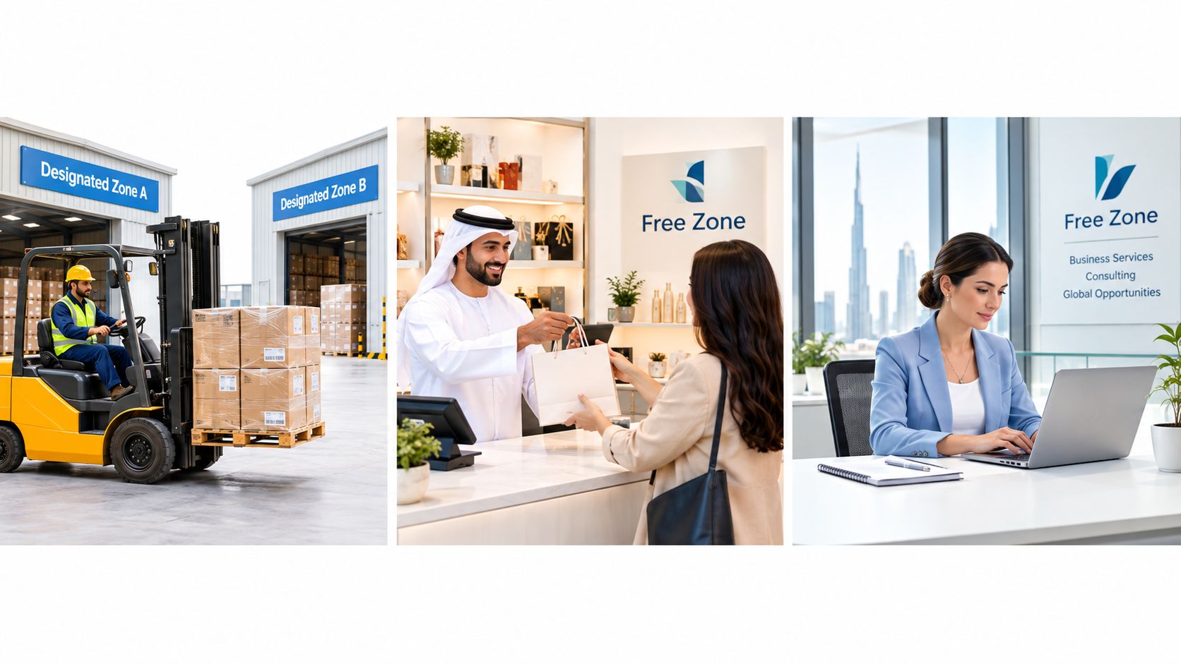 A split image showing warehouse logistics, a retail interaction, and professional consulting services in a UAE free zone.