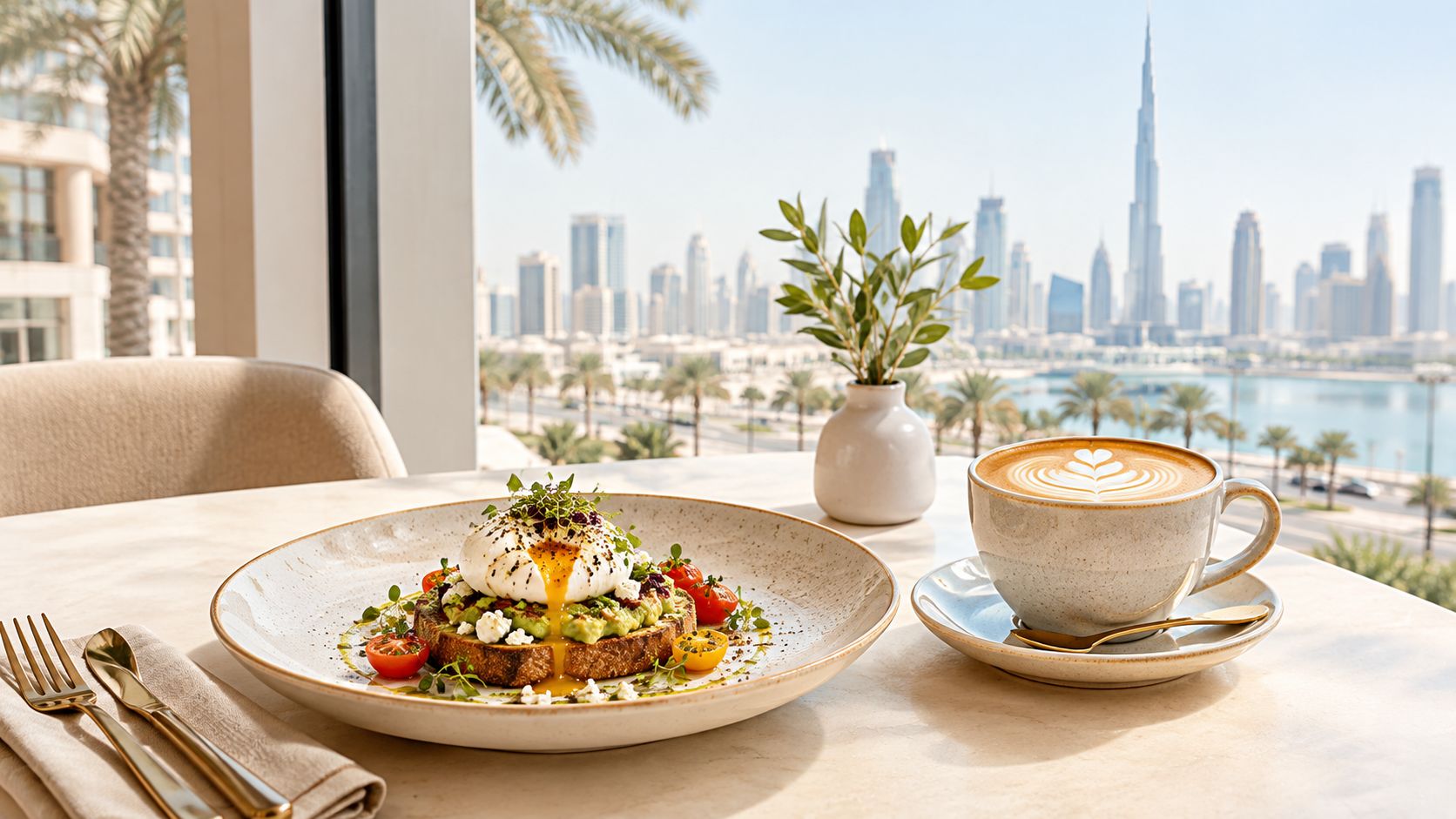 A gourmet avocado toast with a poached egg served with coffee, overlooking the Dubai city skyline in the background.