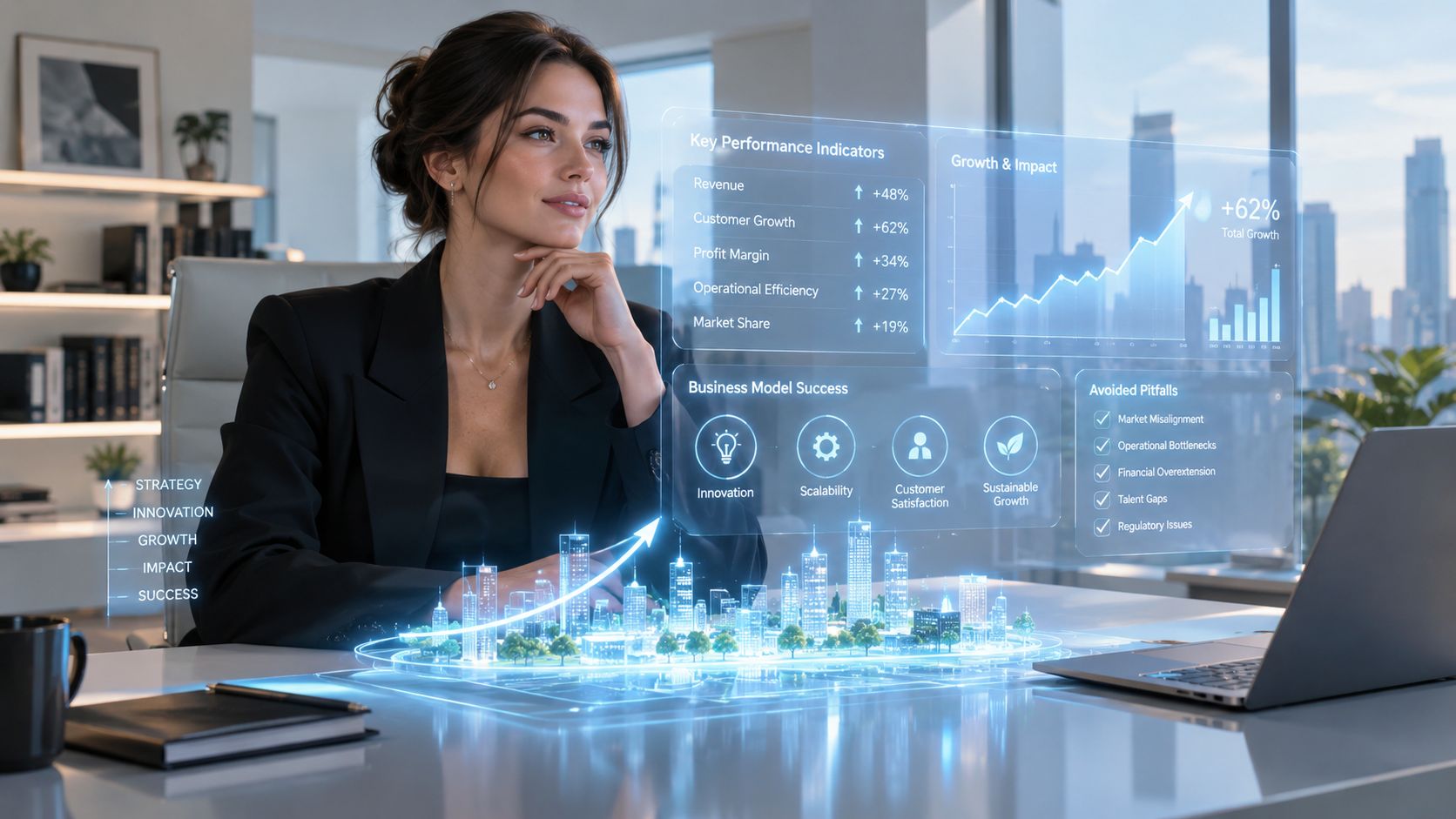 A professional woman in an office reviews futuristic holographic business analytics and growth charts displayed on her desk.