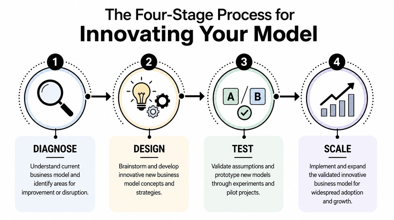 A four-stage process flowchart illustrating how to innovate a business model through diagnosis, design, testing, and scaling.
