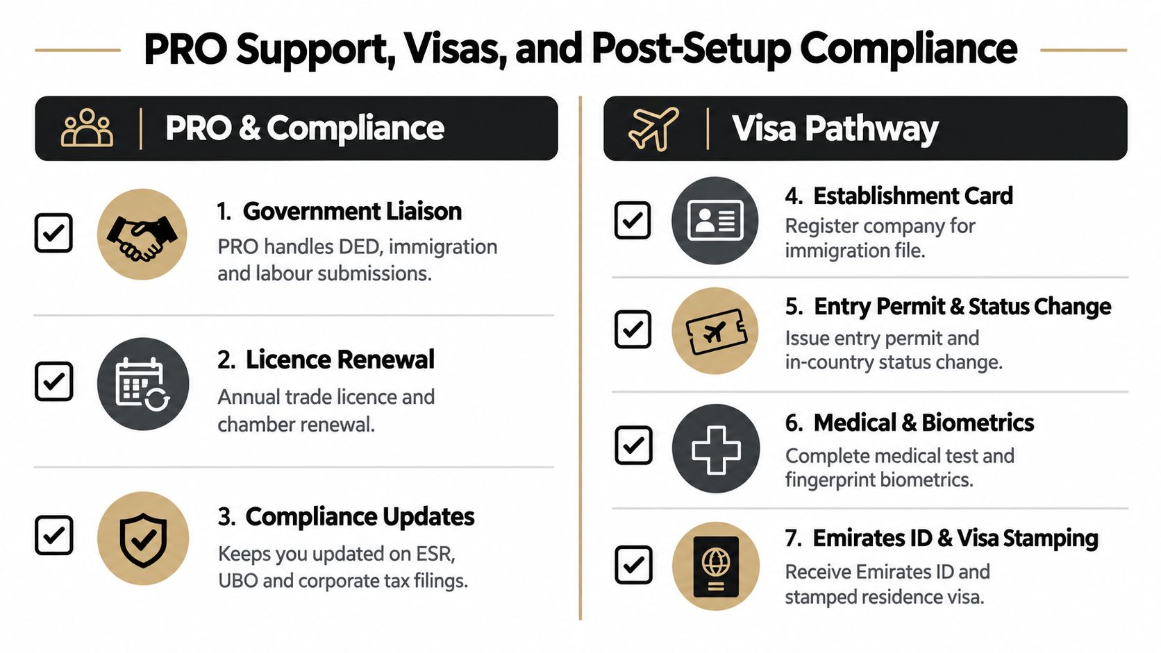 A structured chart detailing PRO support, visa processes, and post-setup business compliance requirements for companies.