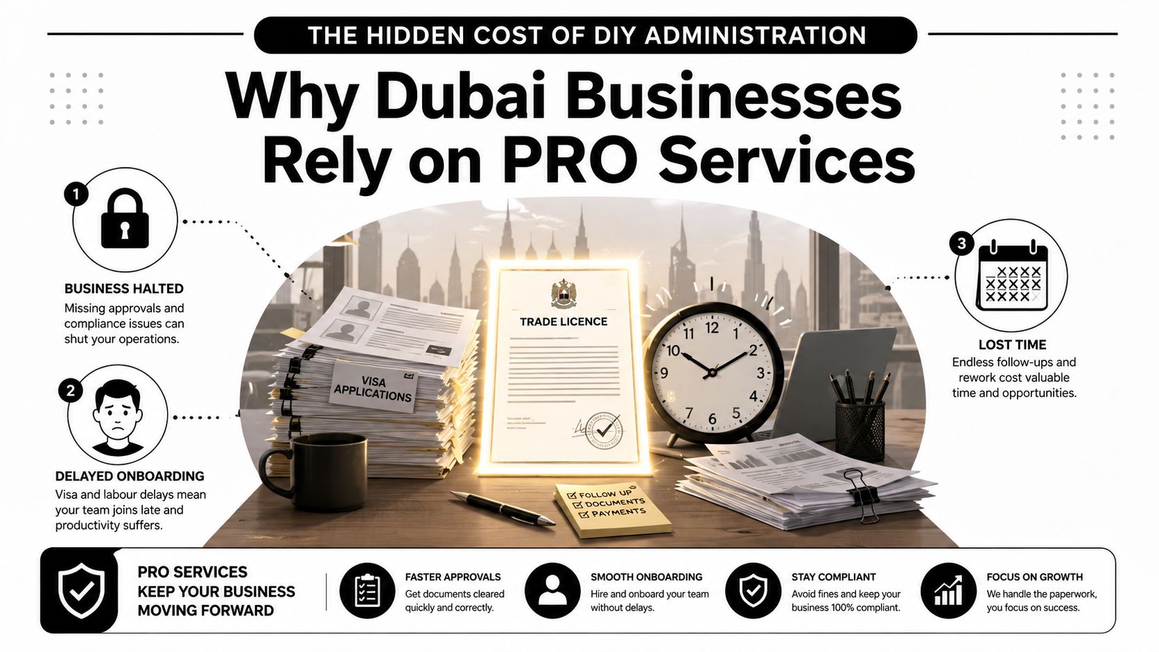 An infographic highlighting the benefits of professional PRO services for business operations and compliance in Dubai.