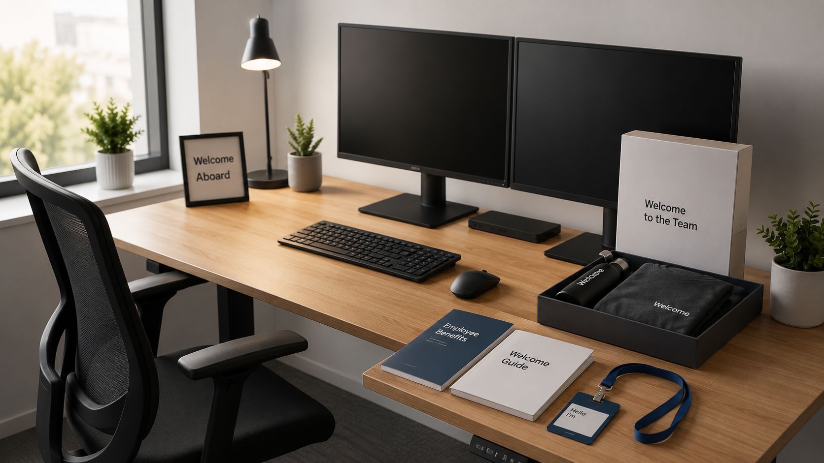 A modern home office desk featuring onboarding welcome gifts, dual monitors, and documents for a new employee.