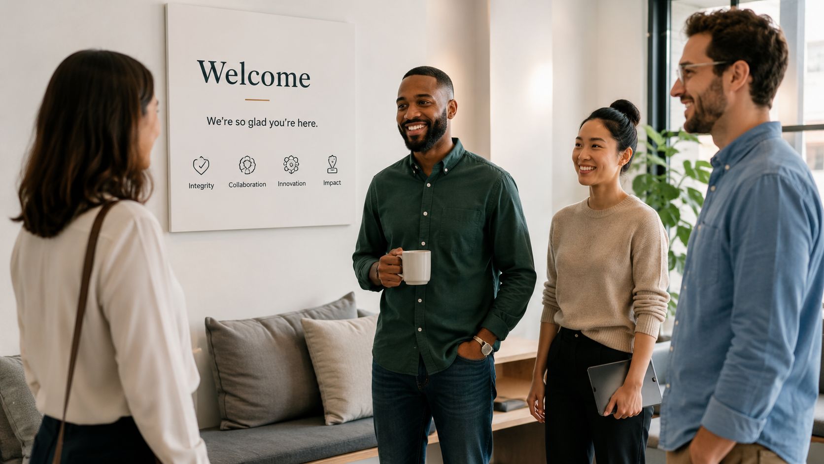 A diverse group of colleagues standing together in a modern office during a friendly employee onboarding session.