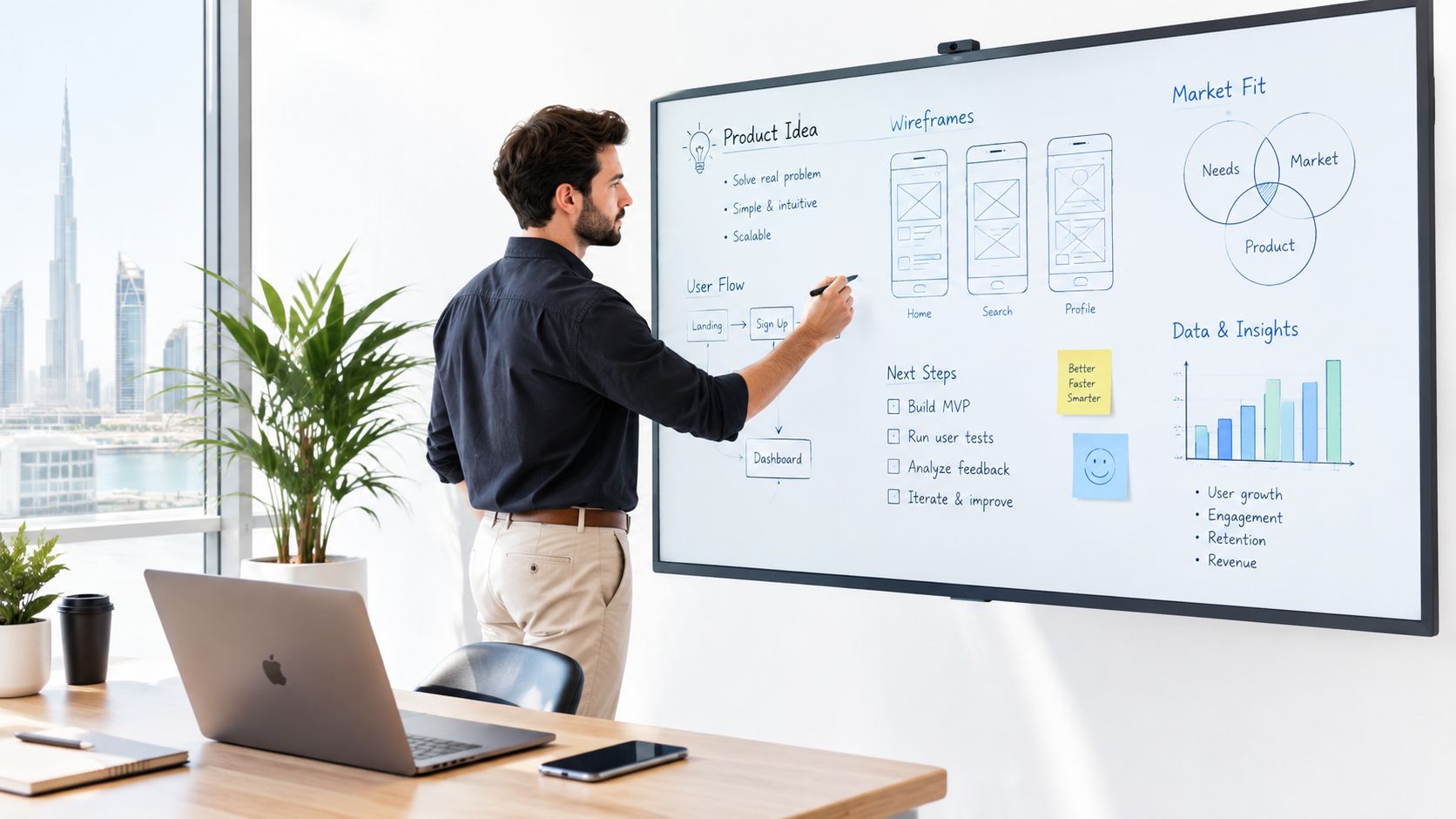 A professional man drawing product design and business strategy diagrams on a digital whiteboard in an office.
