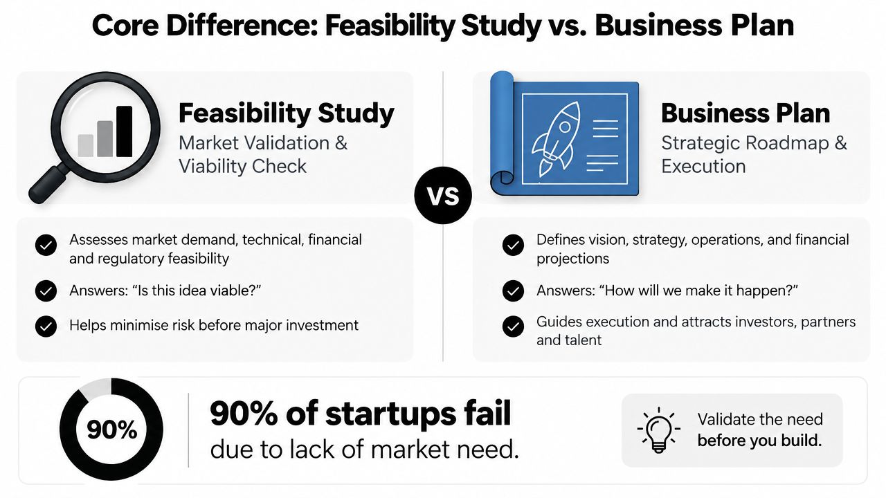 A comparison infographic showing the difference between a feasibility study and a business plan for startups.