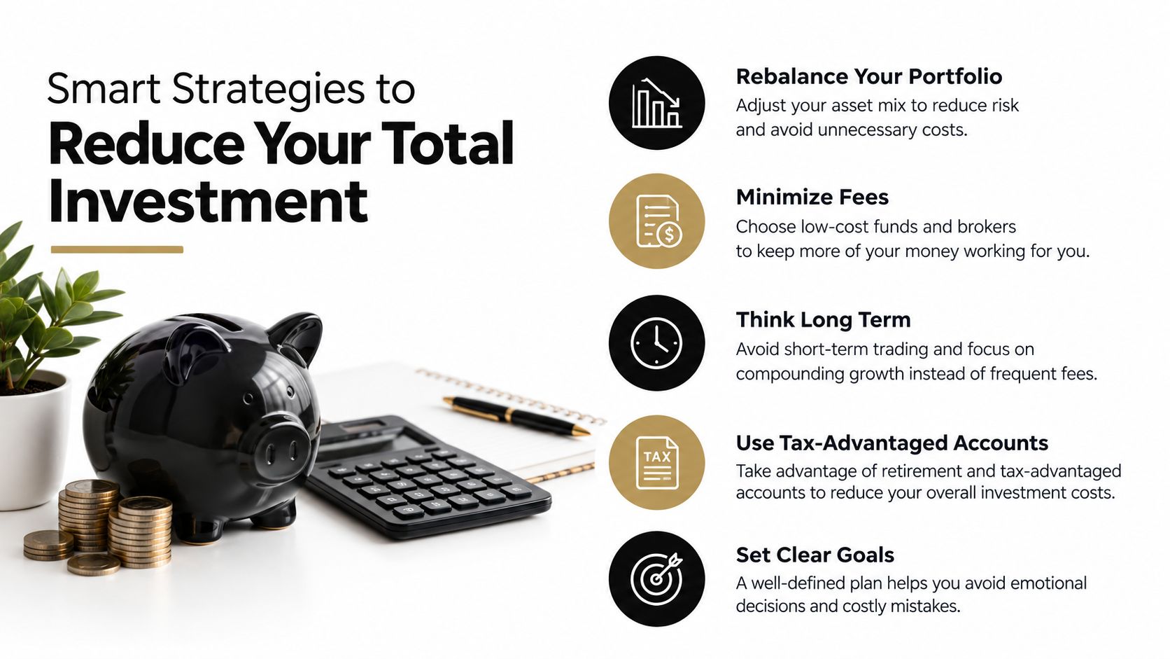 An infographic showing five smart strategies to reduce investment costs, featuring a piggy bank and calculator.