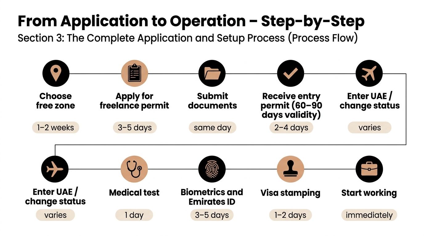 A process flow chart illustrating the step-by-step procedure for applying for a freelance visa in the UAE.
