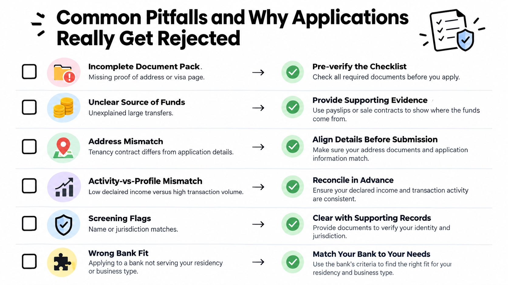 An infographic detailing common reasons for bank application rejections and solutions to ensure a successful account opening.