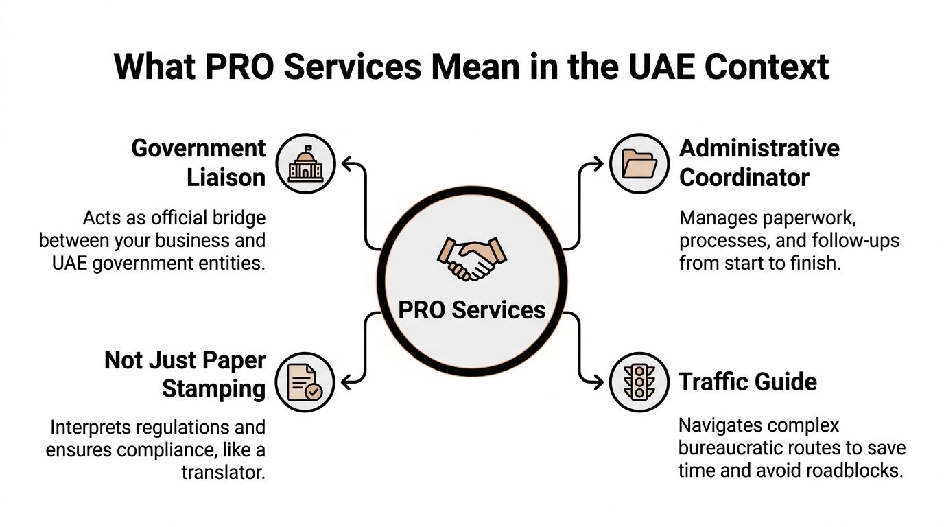 A diagram explaining the role of PRO services for businesses operating within the UAE context.