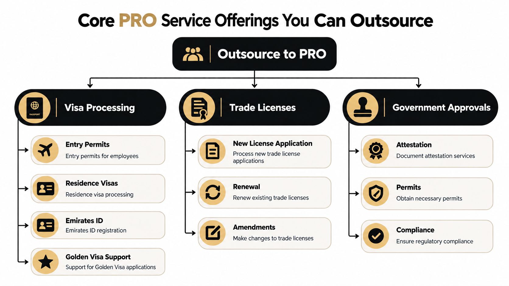 An infographic detailing various pro service offerings you can outsource including visa processing, trade licenses, and government approvals.