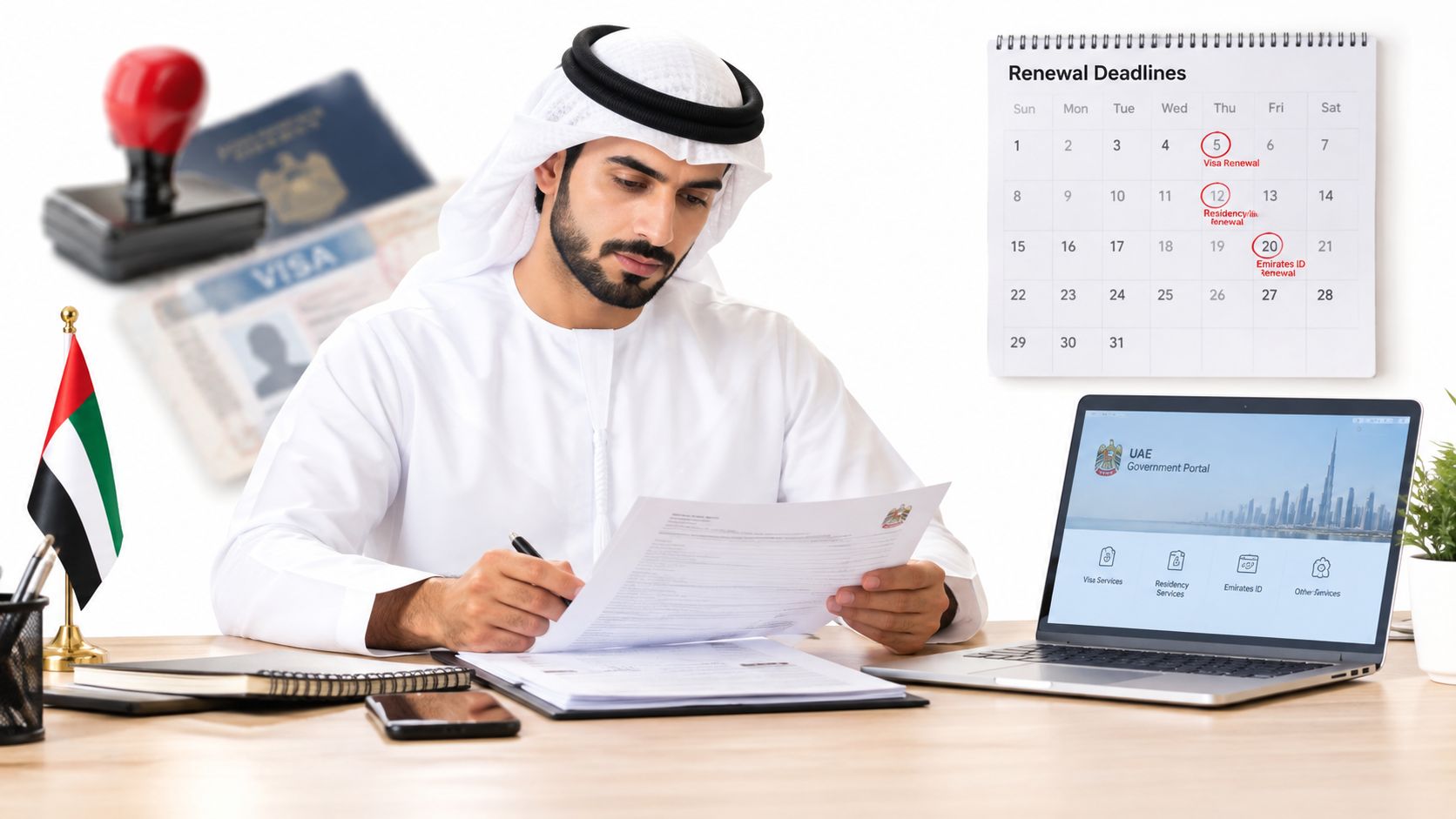 A professional man in traditional Emirati attire reviewing documents at a desk with UAE government portal software.