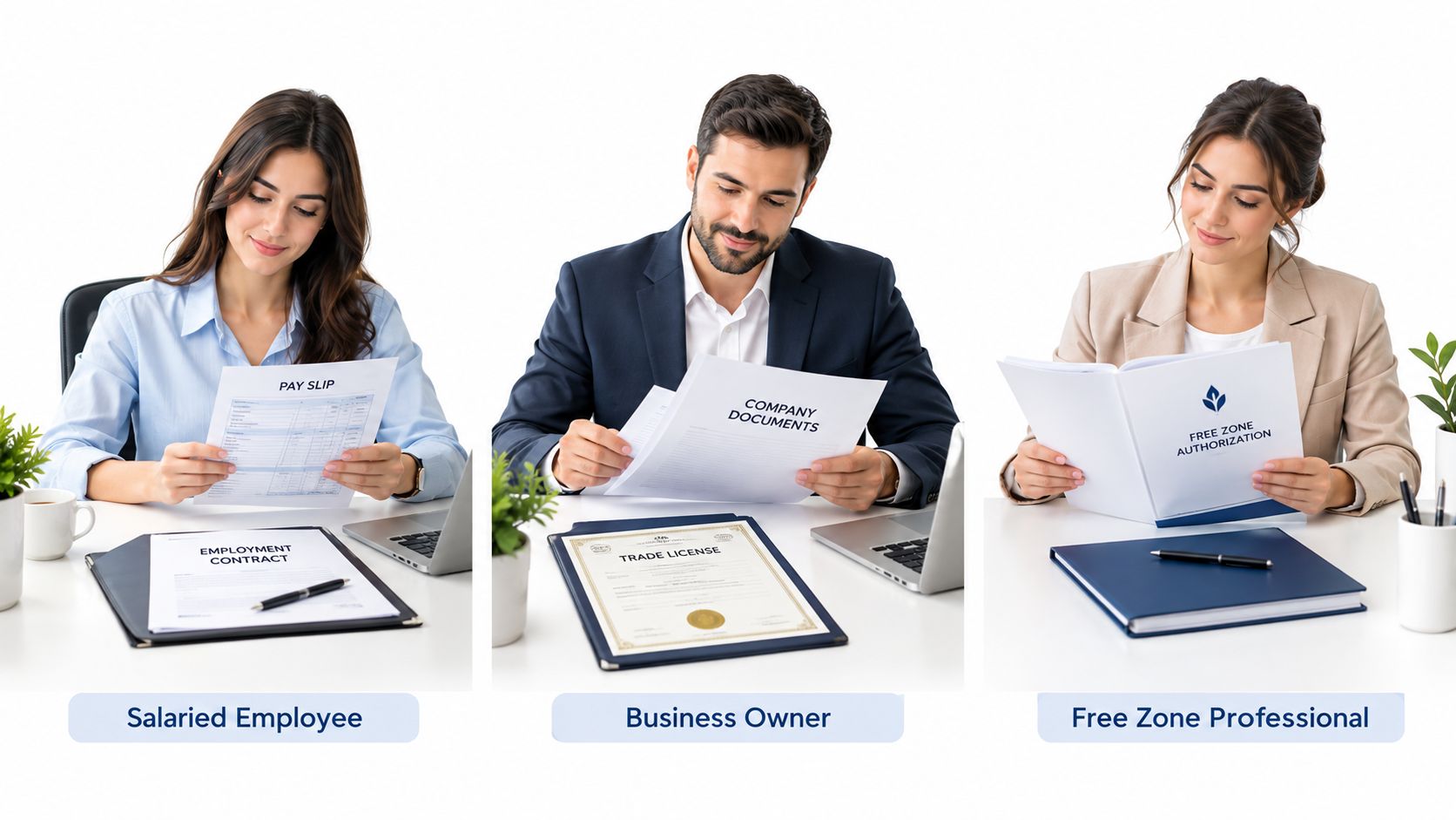 Three business professionals working at desks with documents representing a salaried employee, business owner, and free zone professional.