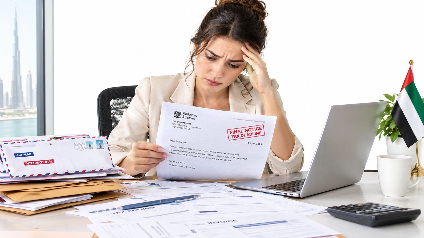 A stressed woman sitting at her desk, looking at a final tax notice document with concern.