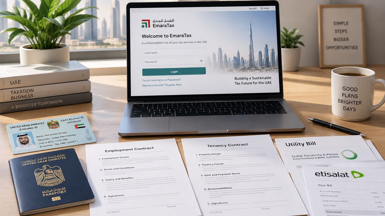 A workspace featuring a laptop displaying the EmaraTax portal, surrounded by official UAE documents and identification.