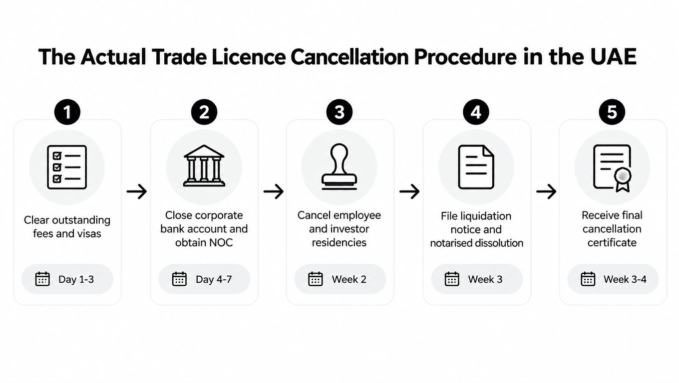 A five-step flowchart illustrating the trade license cancellation procedure in the UAE with estimated timeframes.