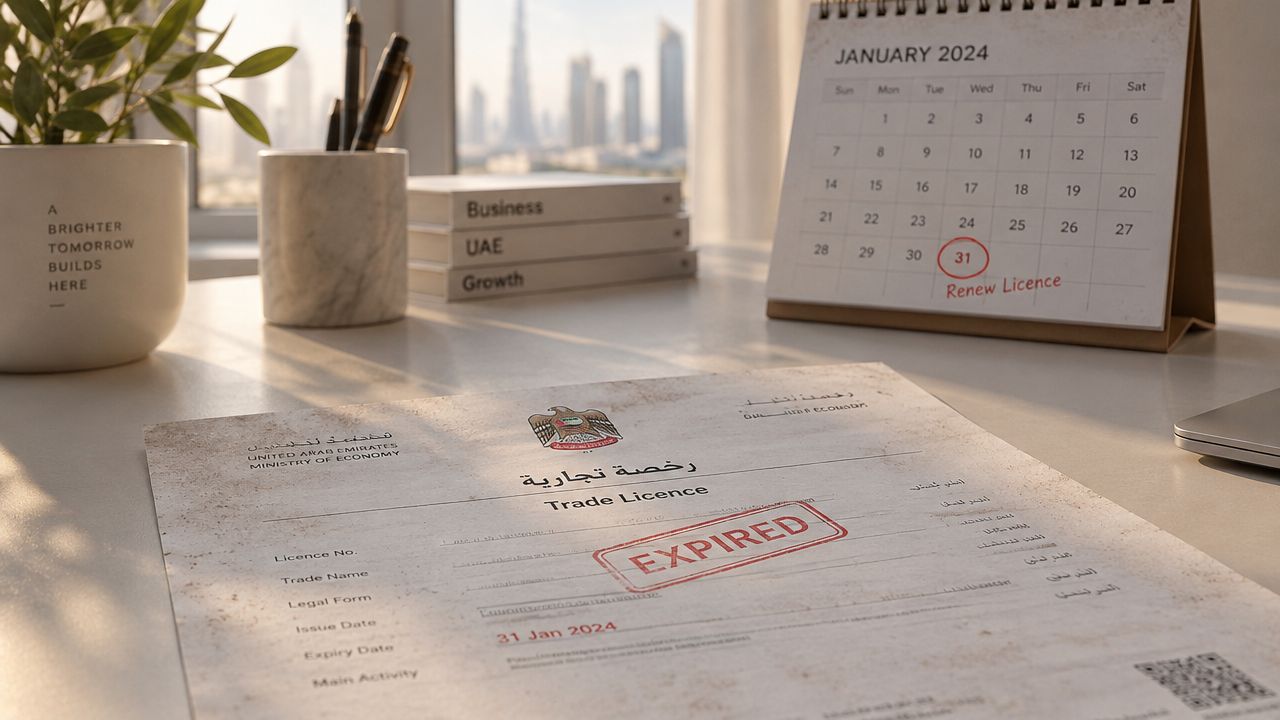 An expired UAE trade license document sits on a desk next to a January 2024 calendar.