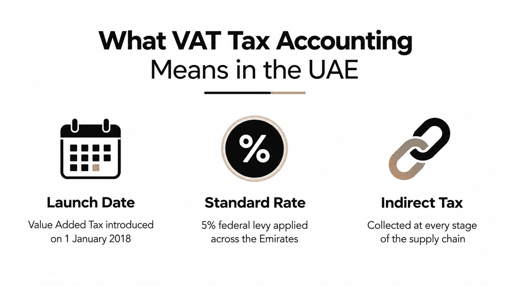 An infographic summarizing key facts about UAE Value Added Tax, including launch date, standard rate, and tax type.